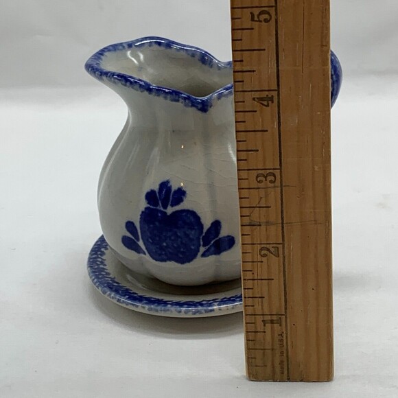 Spongeware Pitcher with Blue Apple Pottery Country Folk Craft Crazing - Picture 2 of 6